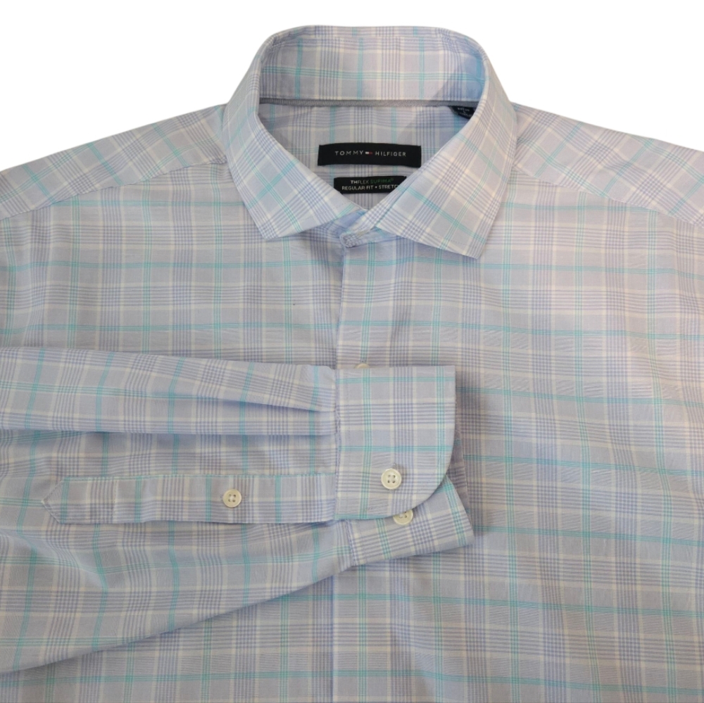 Tommy Hilfiger THFlex Supima Mens Dress Shirt L 16 34/35 Blue Windowpane‎ Plaid